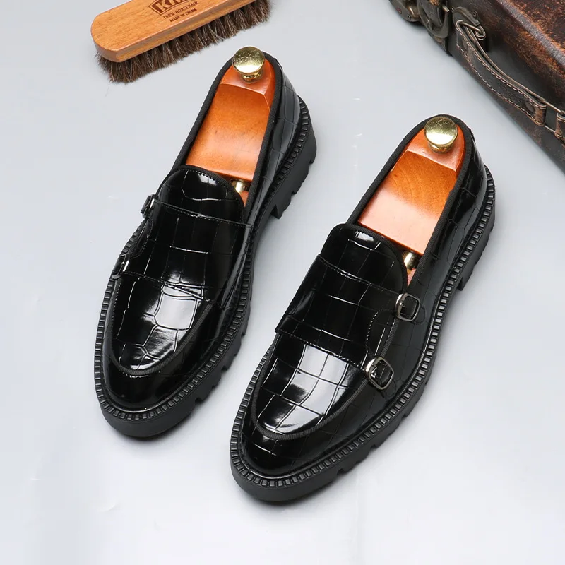 men's fashion party nightclub original leather shoes slip-on double buckle monk shoe platform summer loafers designer footwear