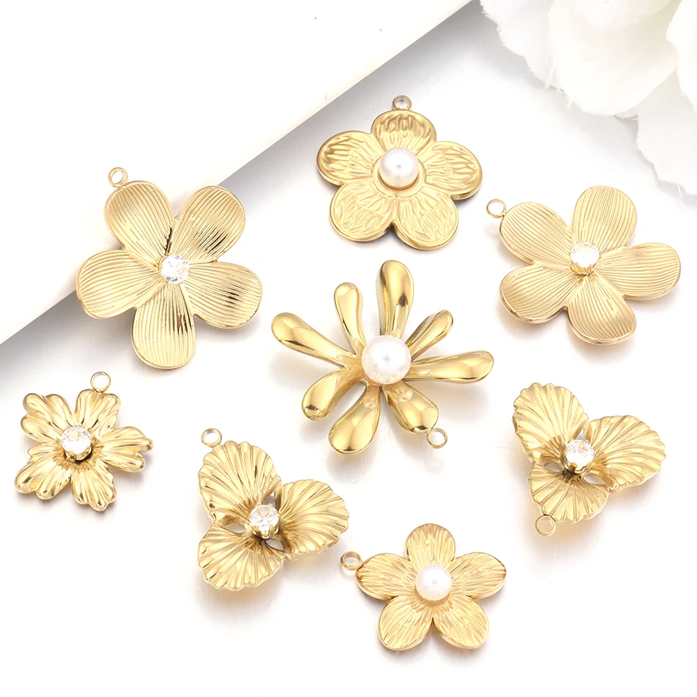 

2Pcs Stainless Steel Pearl Flower Enamel Charms Exquisite Gold Color Pendant DIY Necklace Earrings Wedding Party Jewelry Finding