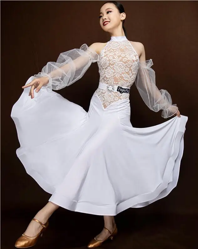 New Style Modern Dance Dress Women White Lace Standard Stage Ballroom Perform