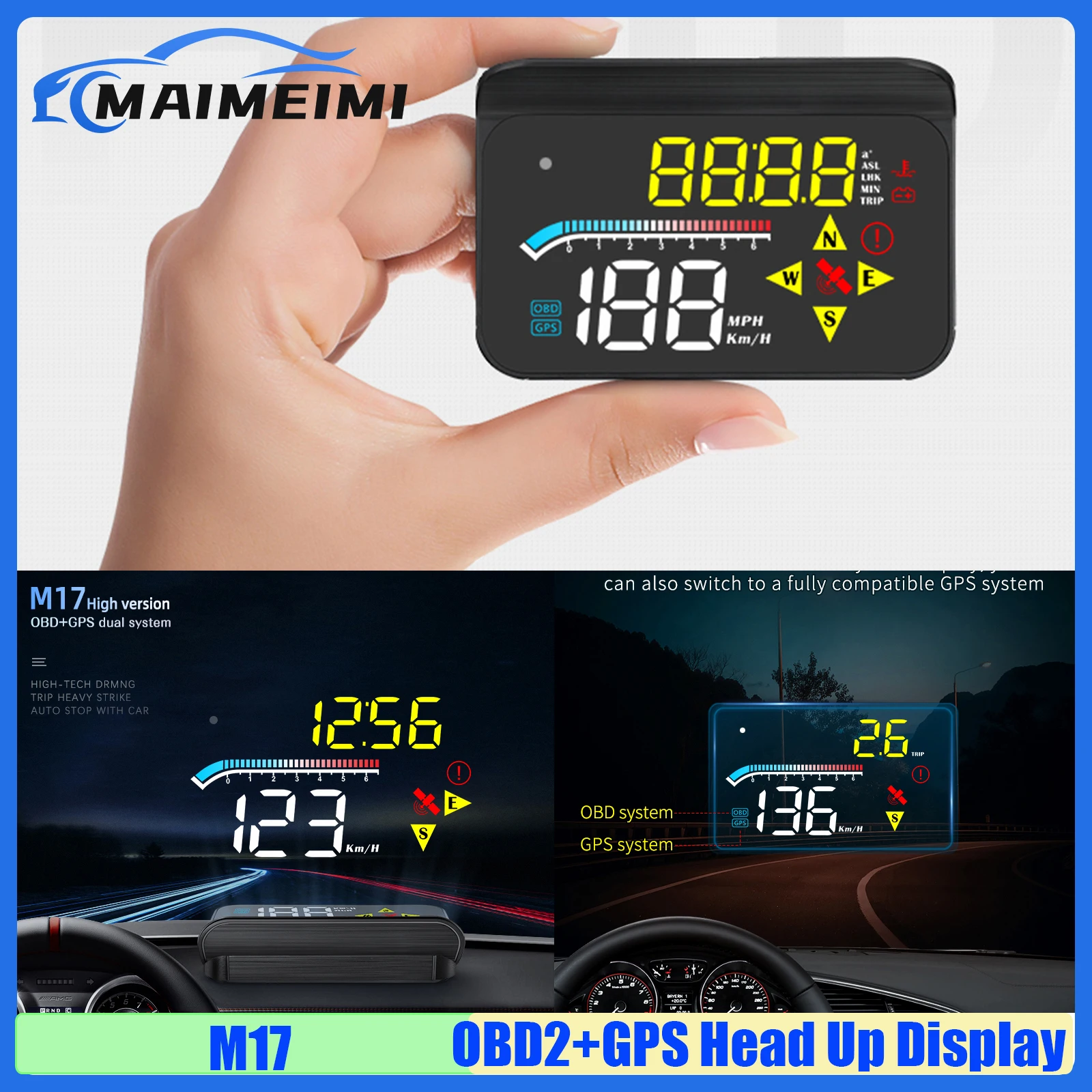 

M17 Head Up Display OBD+GPS HUD Speedometer RPM Water Temp Volt Fuel Consumption OverSpeed Alarm Fatigue Driving Reminder custom