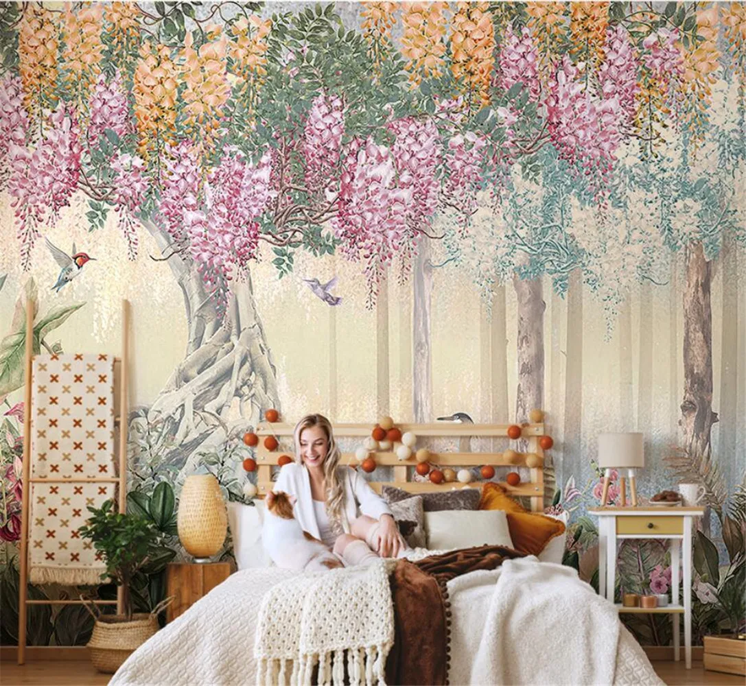 

American flower bird 3d wallpaper Beautiful flower forest mural art wall paper Living room TV background custom papel de parede
