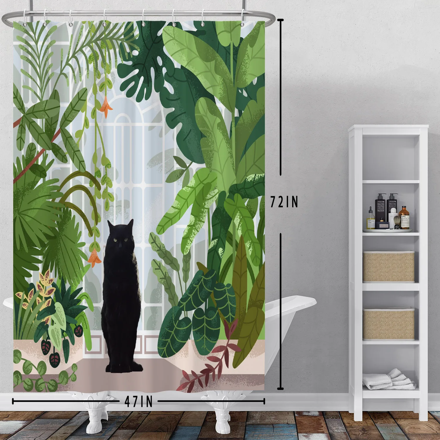 Green Tropical Rainforest Shower Curtain Cute Black Cat Modern Home Bathroom Decor Polyester Fabric Shower Curtains with Hooks