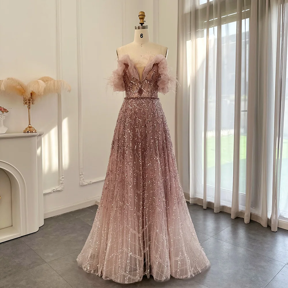 

Sharon Said Luxury Pink Dubai Feathers Evening Dresses Blue Off Shoulder Green Formal Women Wedding Party Gown SS303 Customized