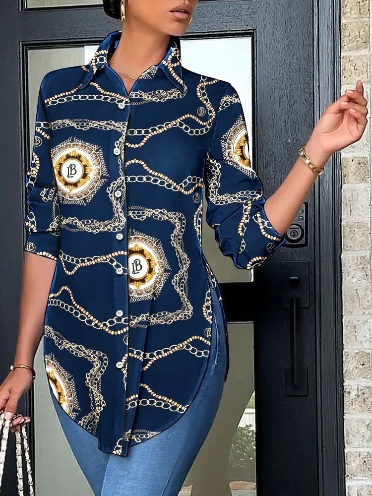 

New Spring Autumn Women's Fashion Printed Cardigan POLO Collar Slim Fit Collar Casual Comfortable Long Sleeve Women's Shirt
