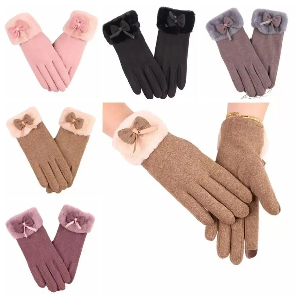 Fashion Plush Warm Gloves Bowtie Windproof Cold Proof Winter Gloves Daily Touch Screen Cycling Gloves for Outdoor