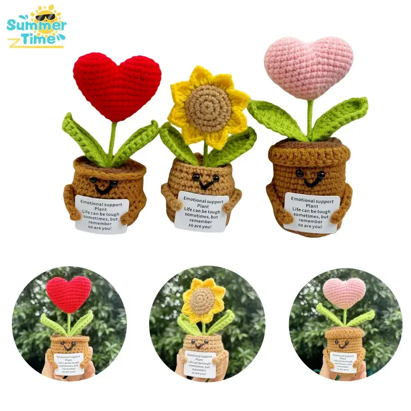 

Handmade Crochet Faux Potted Plants - Set Of 3 (Red & Pink Hearts, Sunflower) With Inspirational Cards - Perfect For Home