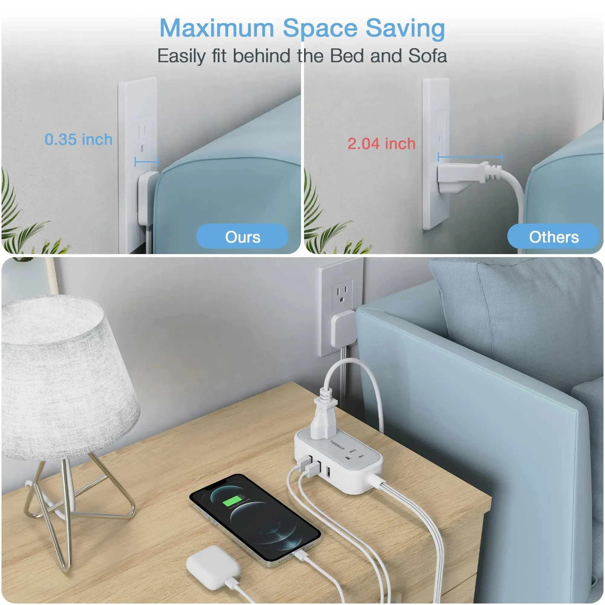 TESSAN Flat Plug Power Strip with 2 AC Outlets & 3 USB 5 ft Ultra Thin Small Extension Cord for Travel, Home, Office