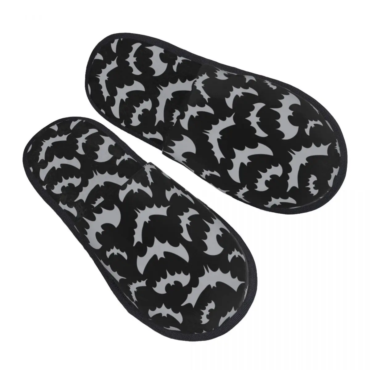 

Enchanted Bats In Light Gray On Black Soft Scuff Memory Foam Slippers Women Goth Occult Witch Spa House Shoes