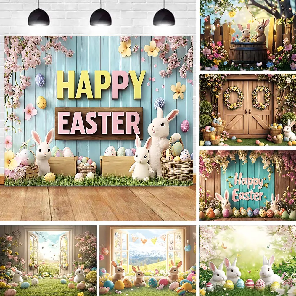 

Spring Easter Photography Backdrop Rabbits Eggs Flower Green Grass Wood Board Rabbit Easter Kids Baby Portrait Photo Studio