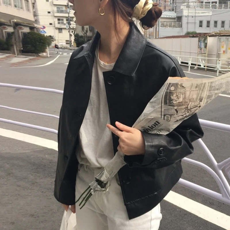 

Chic Vintage Motorcycle Jaet Women's Loose Casual Long Sve Collar Leather Coat Single Button ort Outerwear