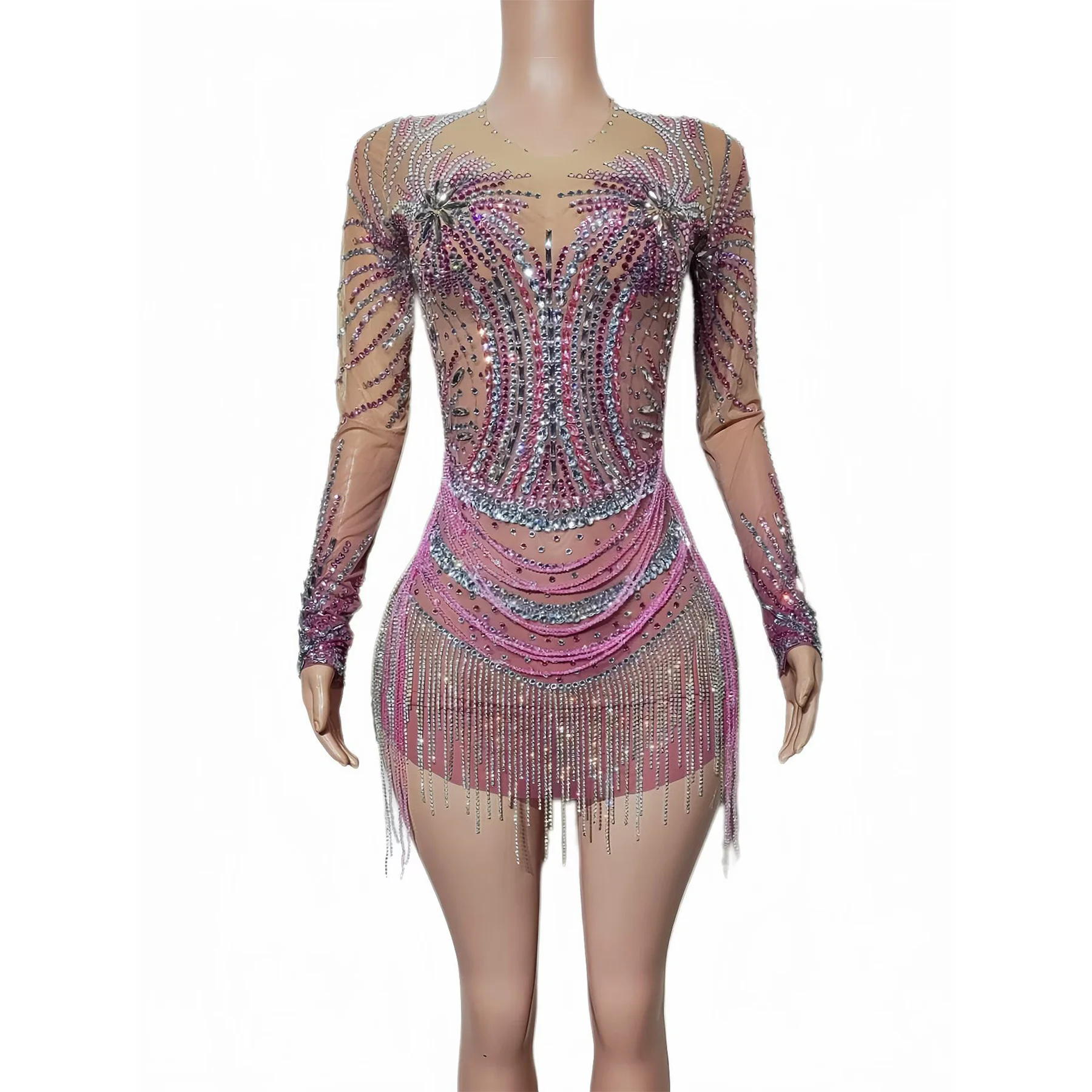 Feilinfen Green Print Mesh Fringe Dress One Long Sleeve High Neck Tassel Rhinestone Latin Dance Competition Stage Outfit