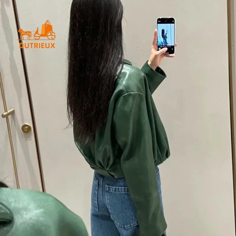 Winter Retro Fashionable Leather Jacket with Soft and Delicate Back Pleated Design,100% Sheepskin Heavy Leather Jacket for Women