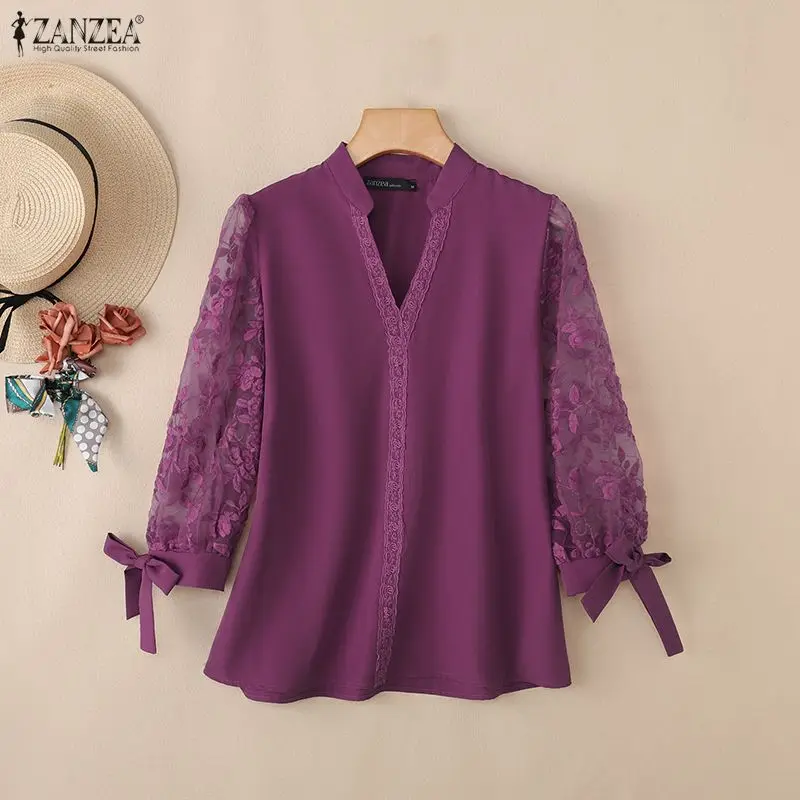 

ZANZEA Women Elegant Lace Patchwork Blouse 2026 Summer Fashion Shirt Stylish V Neck 3/4 Sleeve Tunic Tops Casual Holiday Blusas