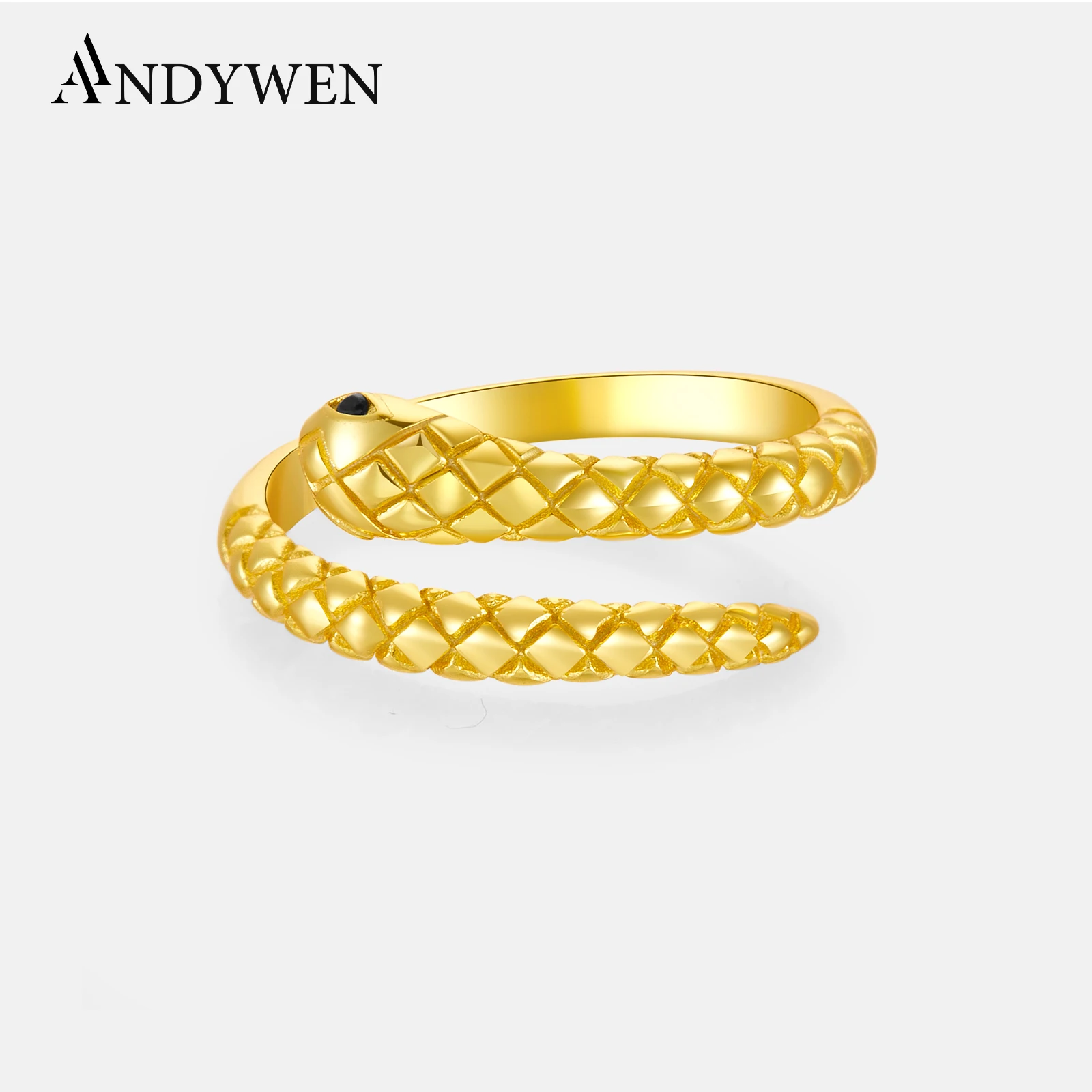 ANDYWEN 925 Sterling Silver Gold Snake Resizable Ring Adjustable Animal Women Luxury Rock Punk Slim Circle Round Jewelry