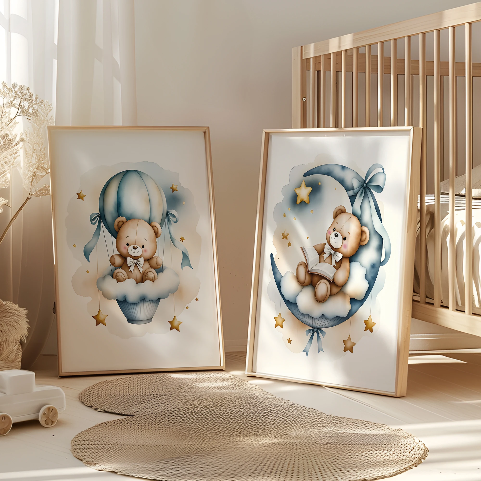 3pcs Modern,Cartoon Blue Dreamy Bear Wall Art Print Canvas Painting Poster Picture For Living Room,Bedroom,Kids Room Home Decor