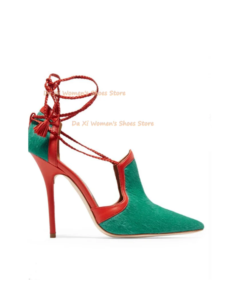 Blue And Red Color Blocking Pointed High Heel Pointed Stilettos Ankle Lace Dinner Shoe Shallow Manual Luxurious Women's Shoes