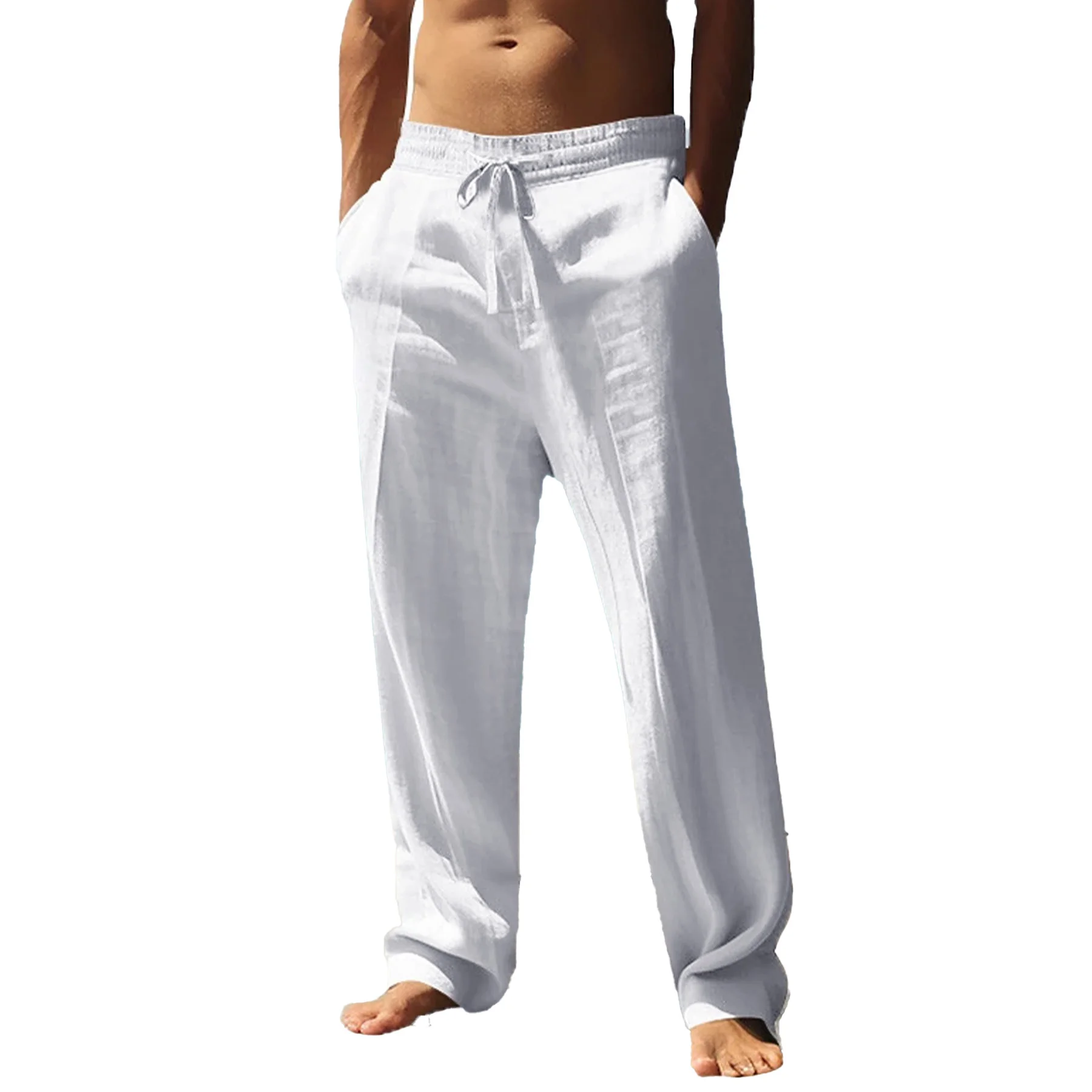 Men's Cotton Trousers Linen Fashion Solid Color Casual Pants Breathable Loose Shorts Straight Drawstring  Streetwear Men Pants