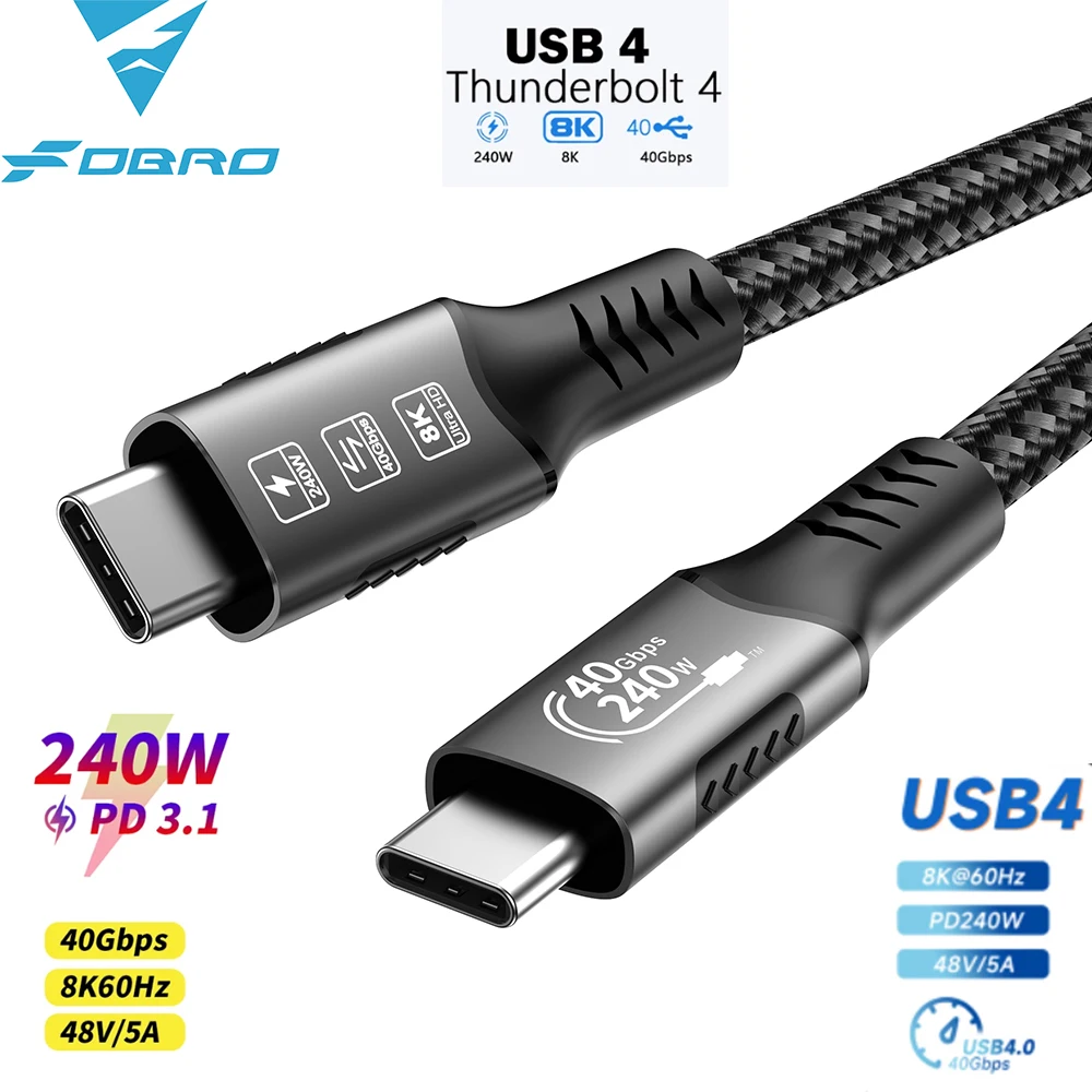 240W Fast Charging Cable USB4 Type C Cord 8K 60HZ 40Gbps Full Function Compatible For Thunderbolt 3 4 Apple iphone15 Pro Max