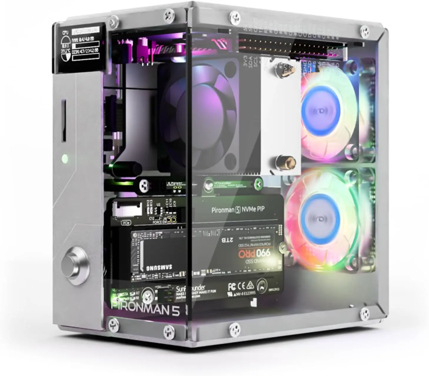 Raspberry Pi 5 Mini PC Case with NVMe M.2 SSD, AI Agent, RGB Fans, OLED Display, Safe Shutdown