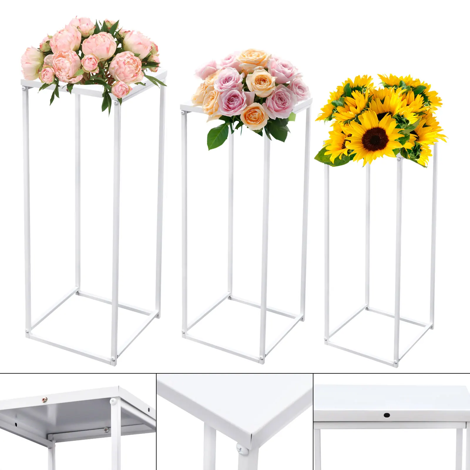 Versatile White Metal Wedding Flower Stand, Square Design, Multiple Size Options for Perfect Floral Displays at Weddings and