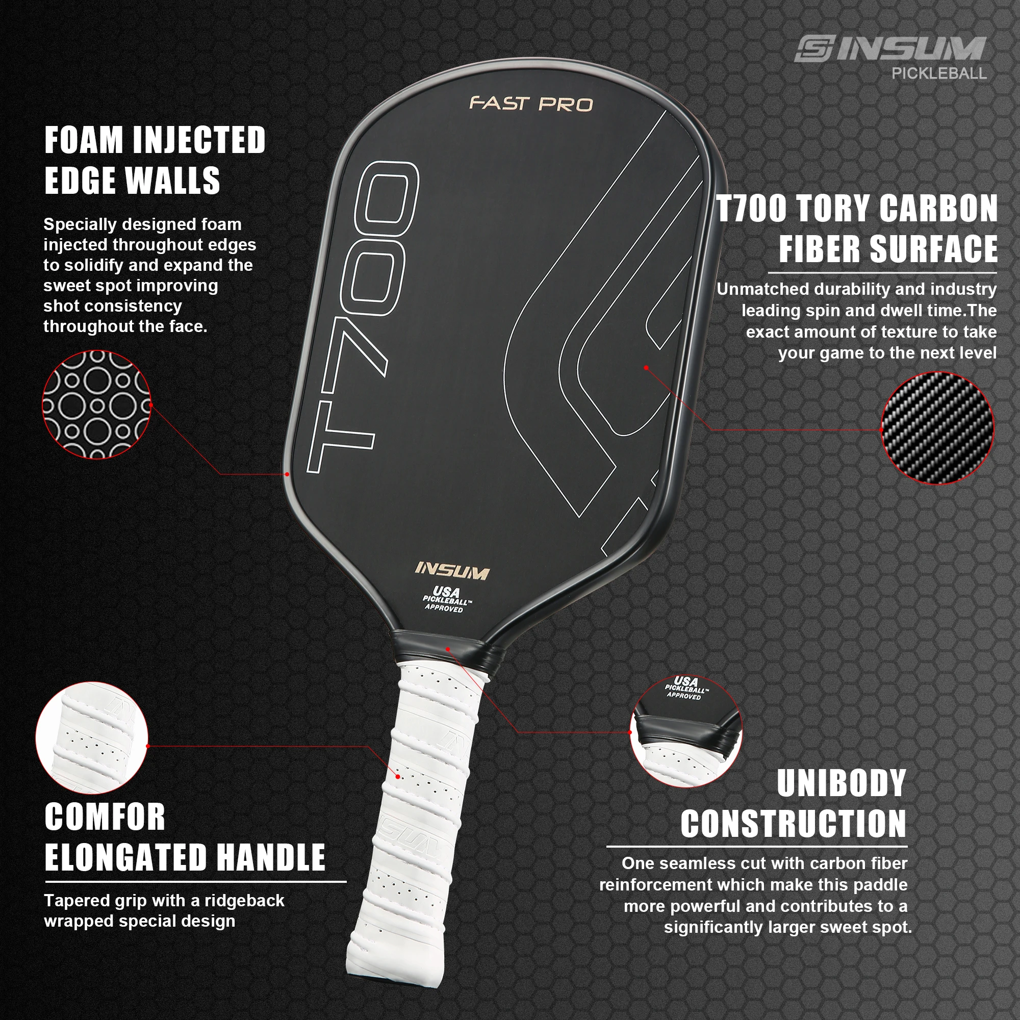 INSUM T700 Pickleball Paddle USAPA ได้รับการอนุมัติดดิบคาร์บอนไฟเบอร์โฟมฉีดผนัง Thermoforming Pickleball Paddles ชุด