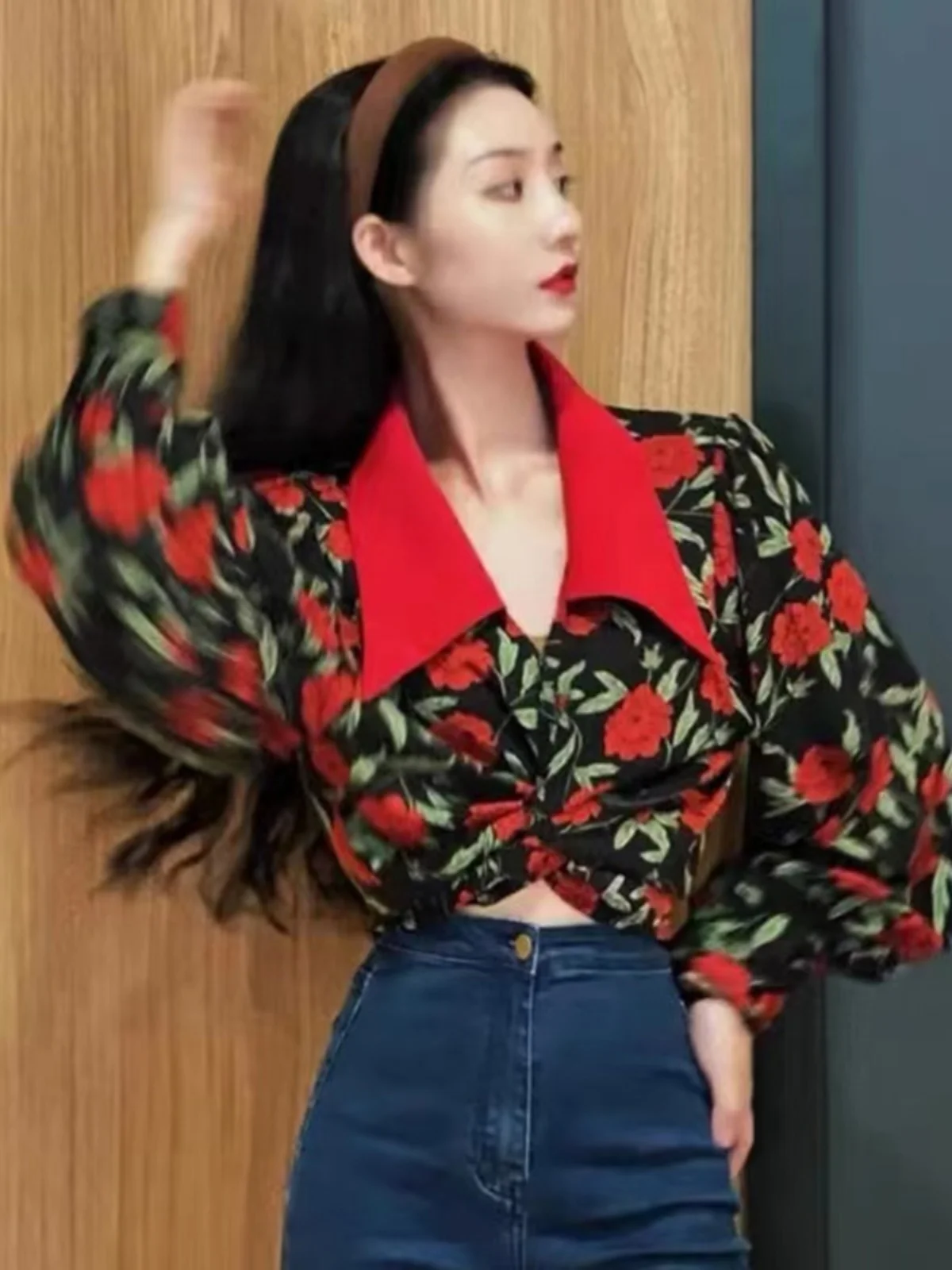 

Retro Hong Kong Style Long Sleeve Collar Rose Print Women's Shirt Versatile High Waist Floral Summer Top Skin-friendly B...