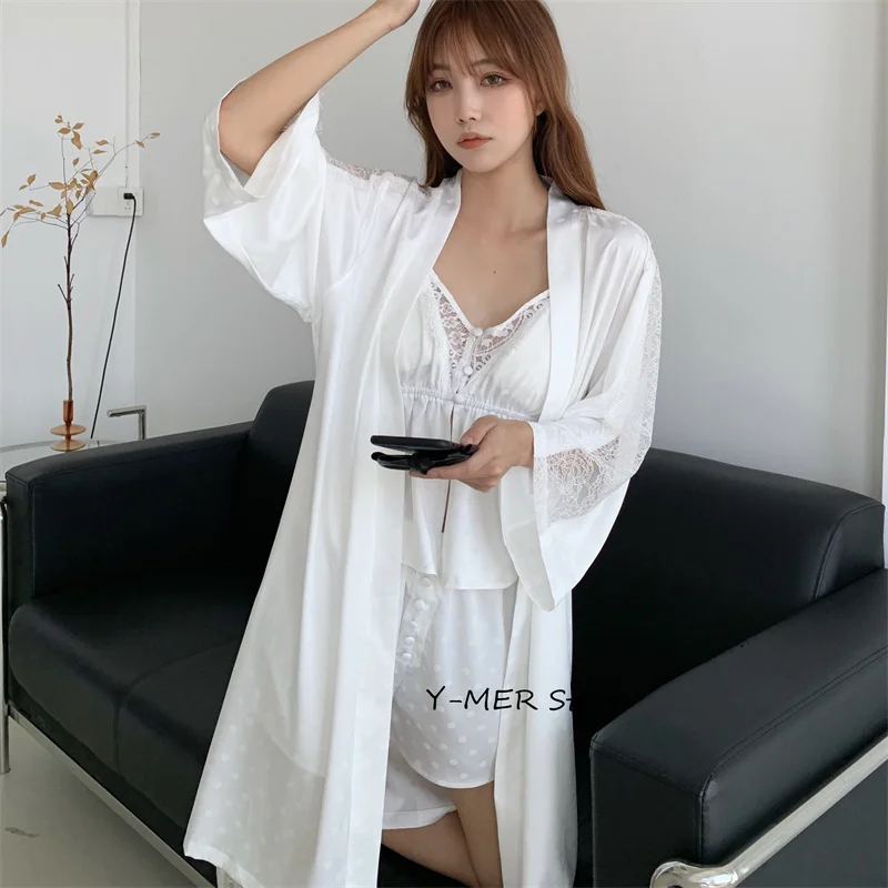 White Satin Women\'s Pajamas Four Piece Suit Lace Patchwork Kimono Bathrobe Gown Summer Sleepwear Sexy Cami&shorts&pants&bathrobe