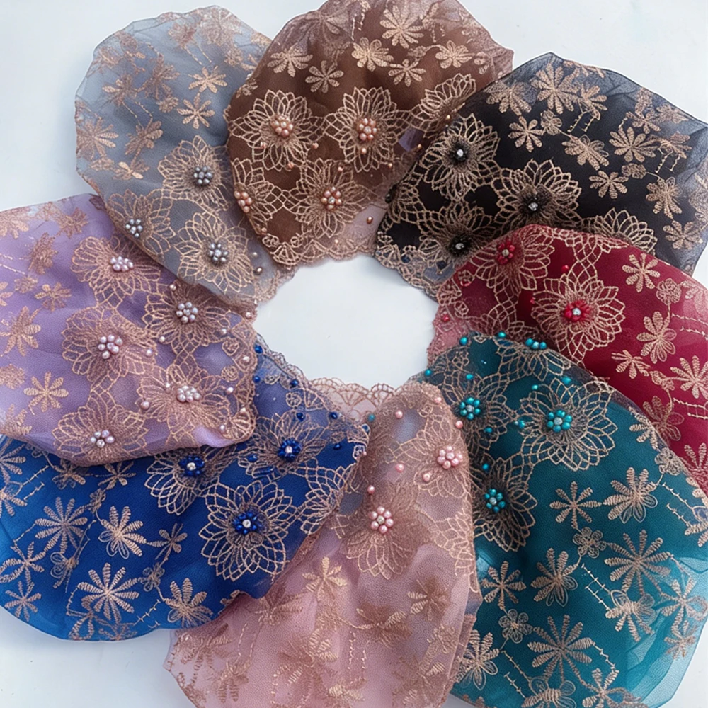 Women Stylish Headscarf Hat Embroidered Beaded Double Layer Lace Hats Underscarf Bonnet Beanies Hair Loss Cover Muslim Hijab Cap