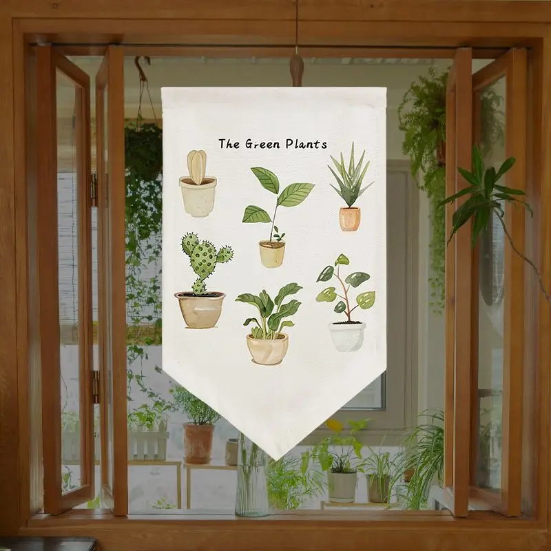 VIKAMA Green Plant Triangular Curtain Cactus Succulent Potted Pots Watercolor Botanical Kitchen Window Valance Banner Decor Soft