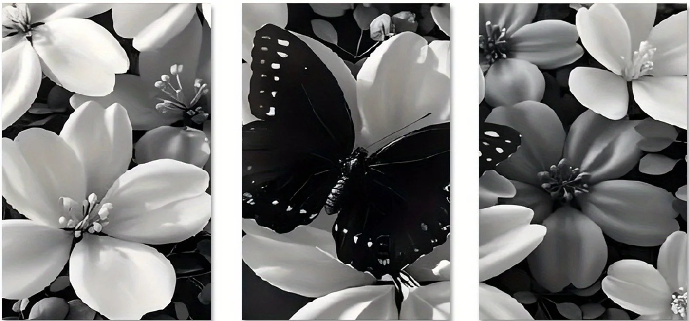 3pcs-- Black butterfly and white themed canvas wall art painting, suitable for indoor Easter, President's Day, Mardi Gras, St