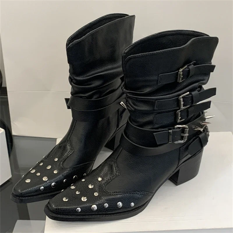 

Eilyken Punk Style Buckle Strap Women Ankle Boots Designer Rivet Pointed Toe Thick Low Heels Shoes Fashion Short Booties