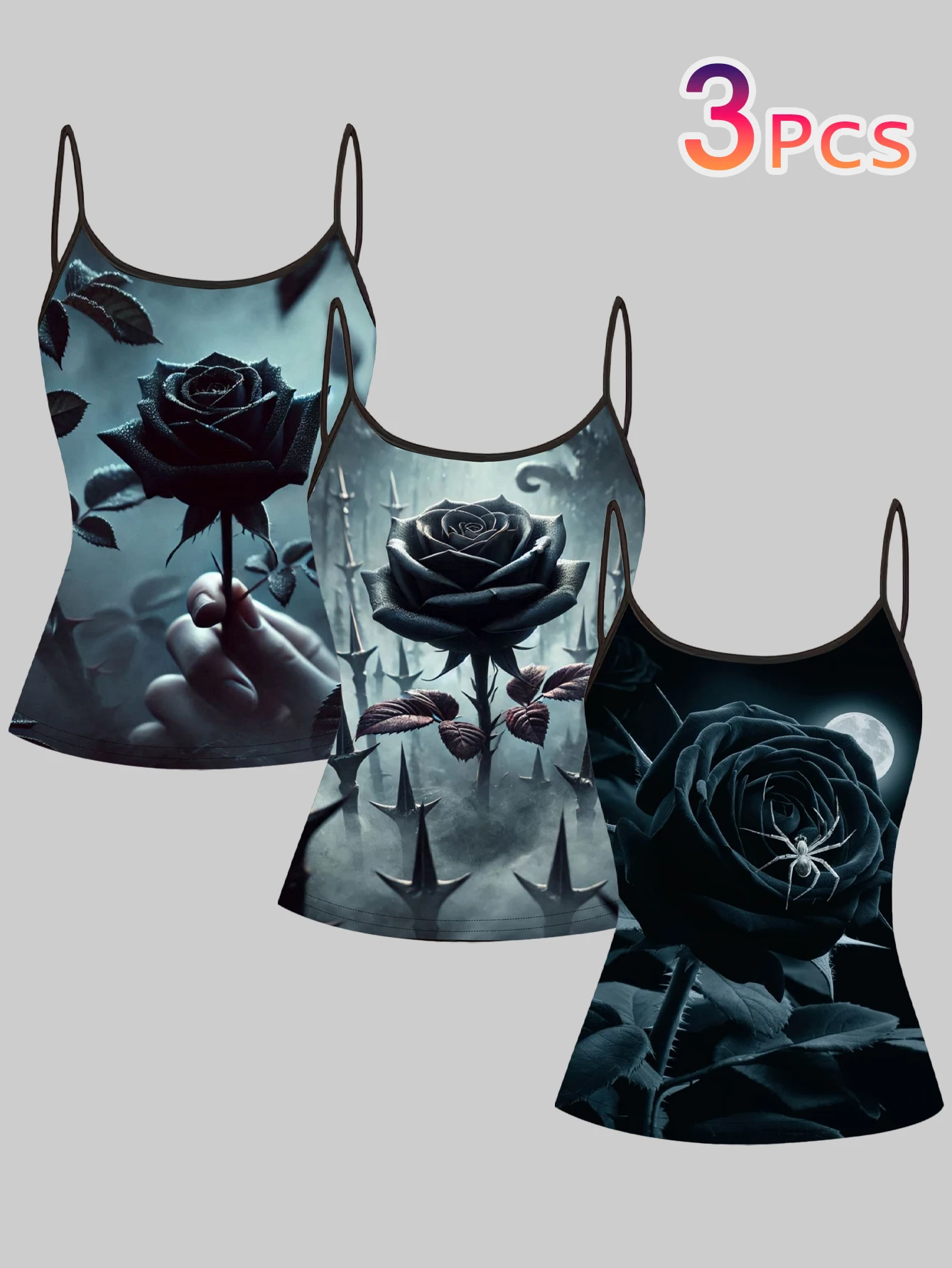 3-Pack Dark Rose 3D Printed Camisole Tops, Gothic Style Slim-Fit Tank Tops, Summer Plus-Size Casual Sleeveless Tops, Suitable for Both Inner and Outer Wear on Vacation