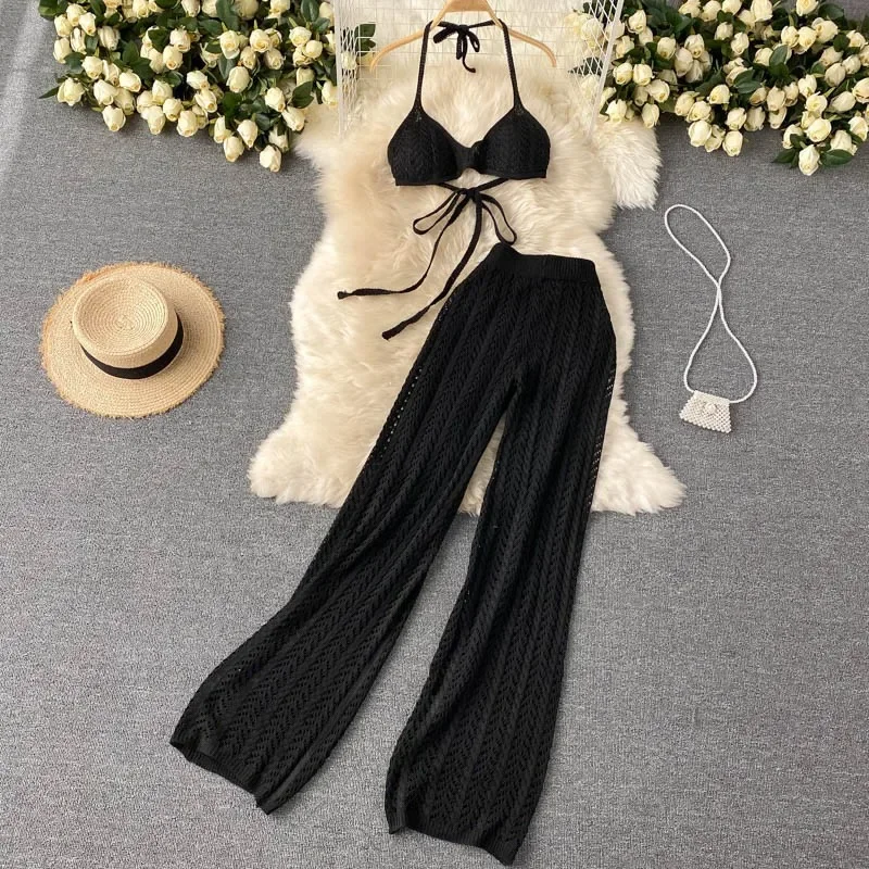 Beach Holiday Suit Women Summer Sexy Bikini Tie Neck Top Design Hollow Knit Wide Leg Pants