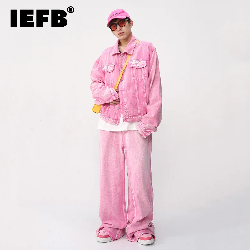 IEFB Trendy Korean Male Pink Color Set Solid Color Lapel Denim Jacket Coat Wide Leg Straight Jeans Men\'s Casual Two Piece 9A8557