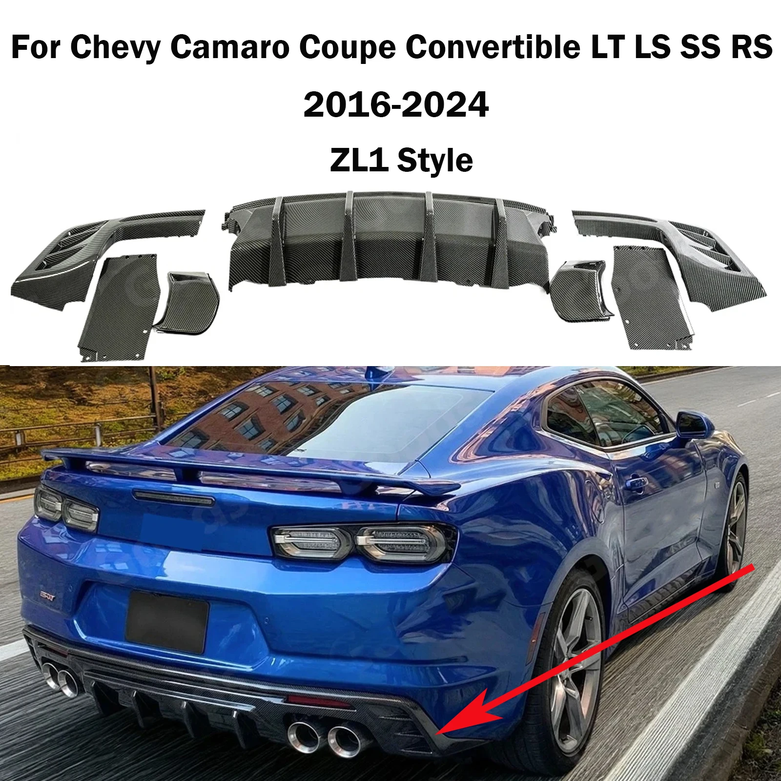 Para Chevy Camaro Coupé Convertible LT LS SS RS 2016-2024, alerón trasero estilo ZL1, divisor de parachoques, aspecto de carbono, negro brillante