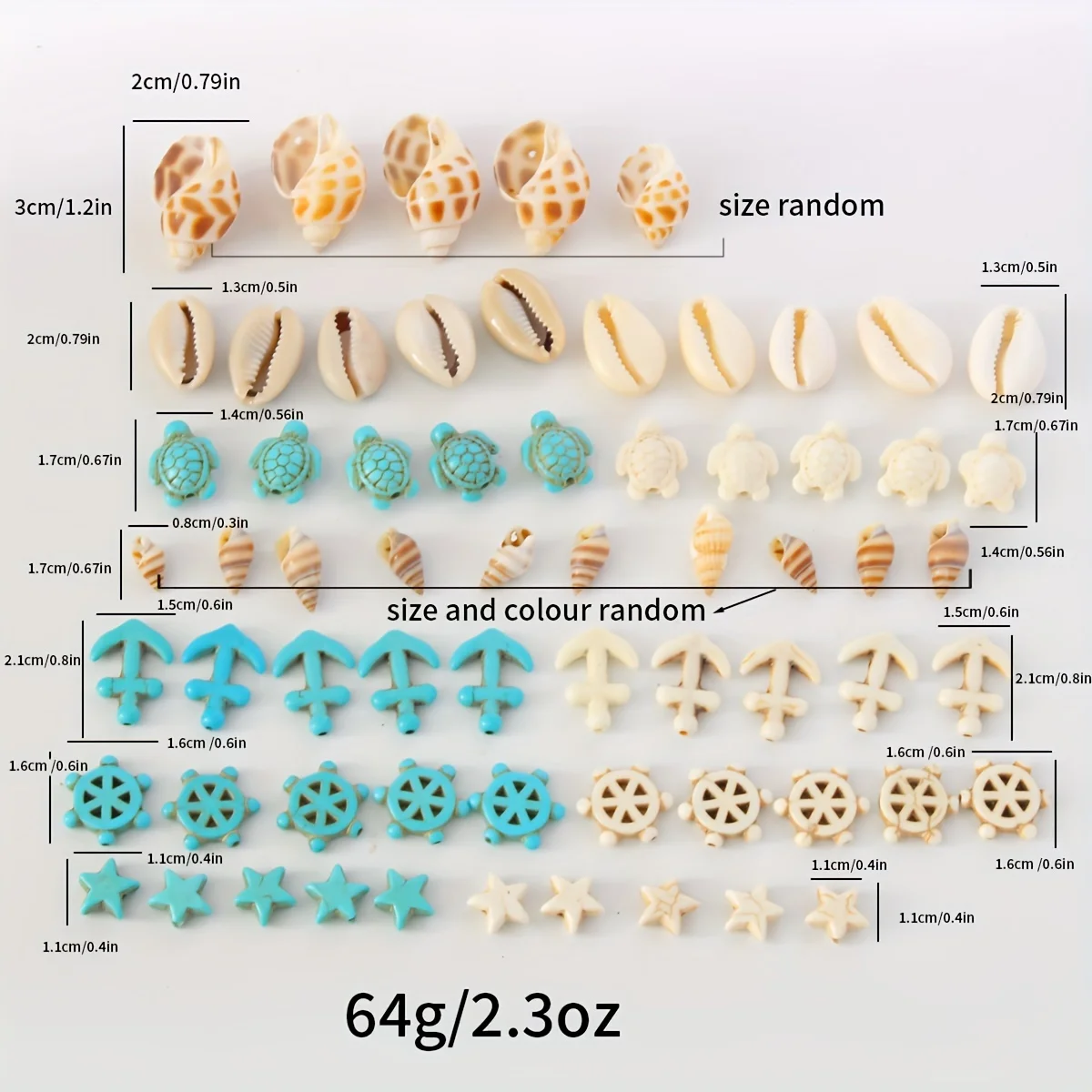 65pcs Size Random Natural Shells, Seashells, Stars, Turtles, DIY Handmade Materials, Bracelets, Necklaces, Earrings, Accessories