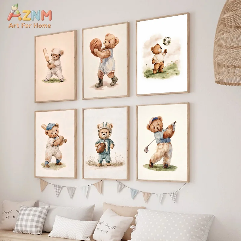 AZNM Watercolor Sports Teddy Bear Wall Art Canvas Print, Cute Baseball Football Golf Nursery Decor Frameless Poster for Kids Roo