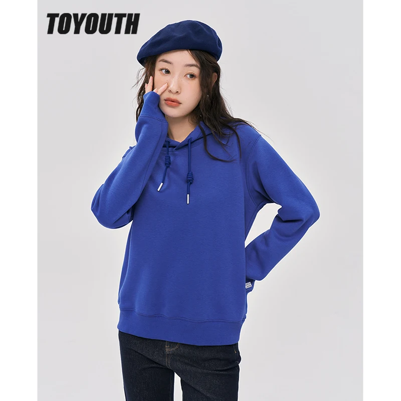 Toyouth Women Fleece Hooded Sweatshirt 2022 Autumn Long Sleeve Loose Hoodie Basic Solid Color Casual Streetwear Pullover