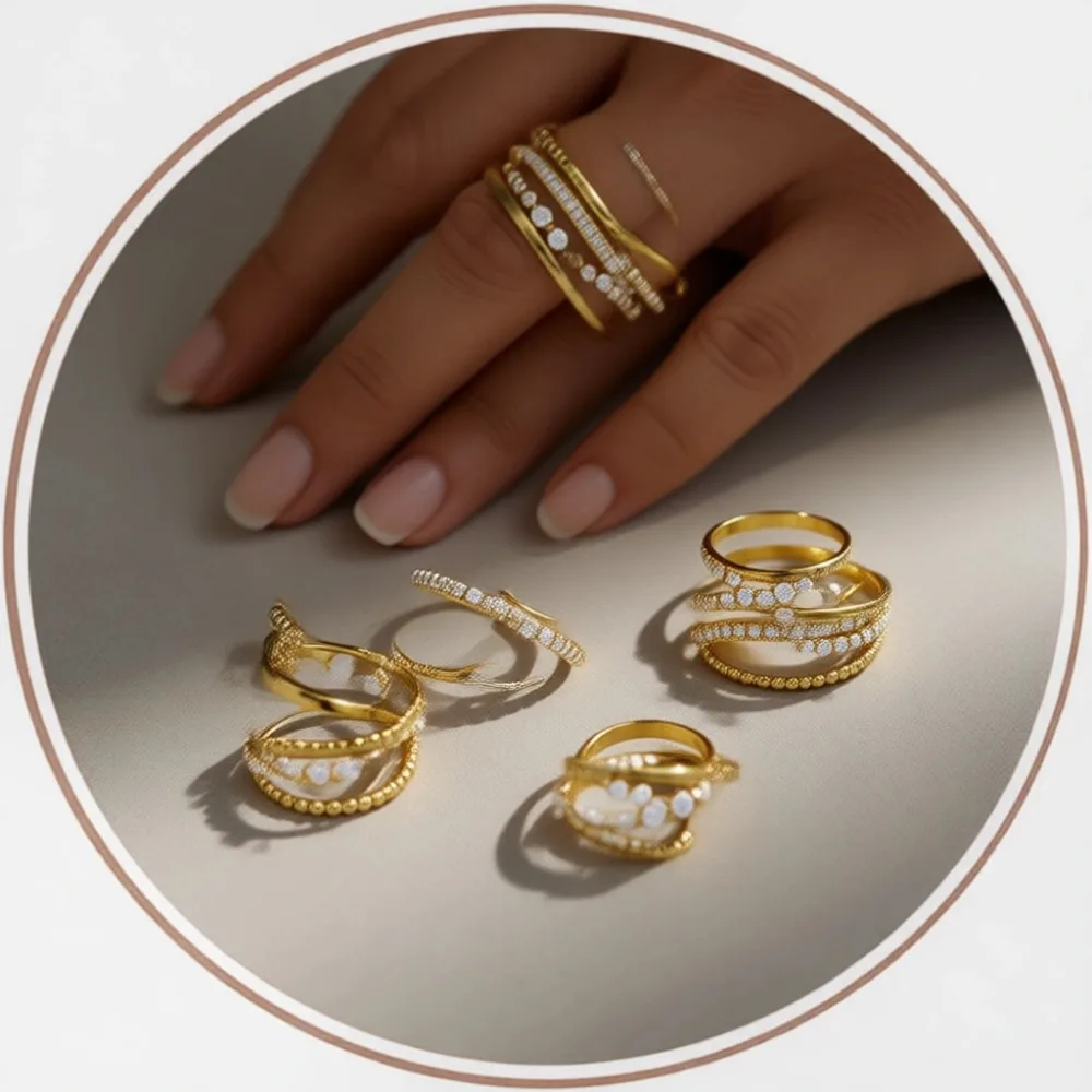 

Набор изящных женских колец из золота 14K и серебра с кубическим цирконием, не тускнеющие, для ношения в несколько рядов
