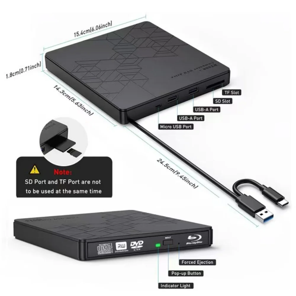 Unidade Blu-ray externa 5 em 1, unidades ópticas portáteis BD-RW BD DVD CD Burner Player Leitor para laptop PC Windows 11/10 Mac