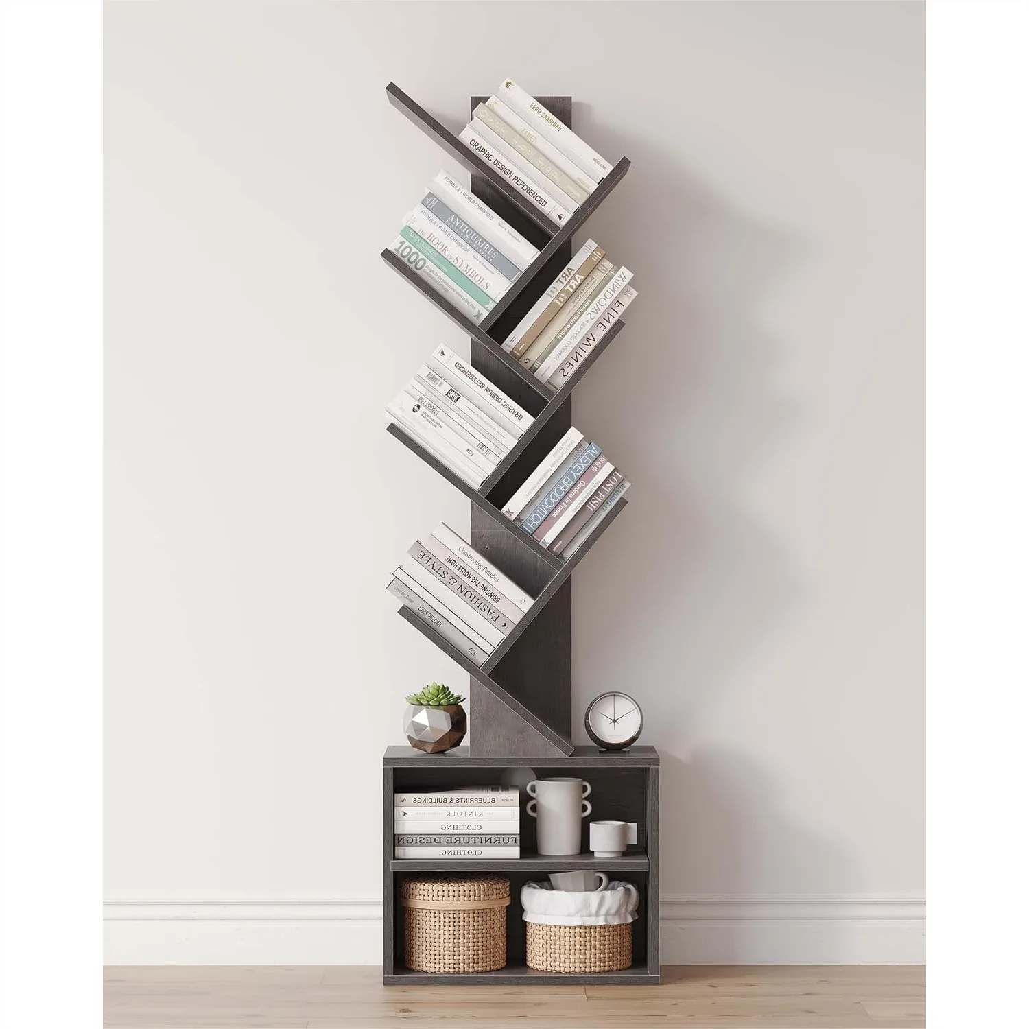 

6 Tier Tree Bookshelf, Tall Bookcase with Storage Cabinet, Narrow Floor Standing Bookshelf for Bedroom Living Room Home Office