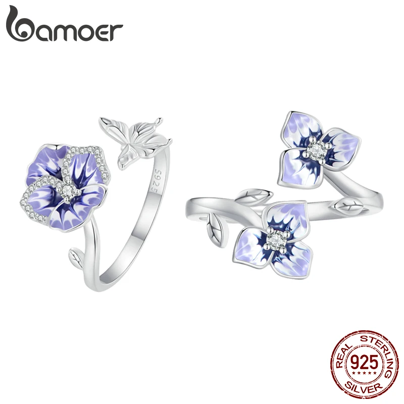 Bamoer 925 Sterling Silver Gradient Enamel Pueple Flower Opening Ring Pansy and Butterfly Adjustable Ring for Women Fine Jewelry