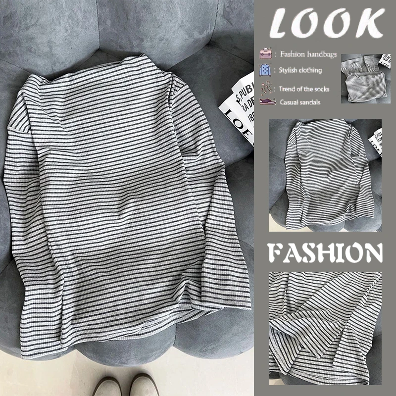 

Женская корейская футболка в полоску с длинным светом, футболка с наклонным воротником, наряд ранней осени, теплая одежда