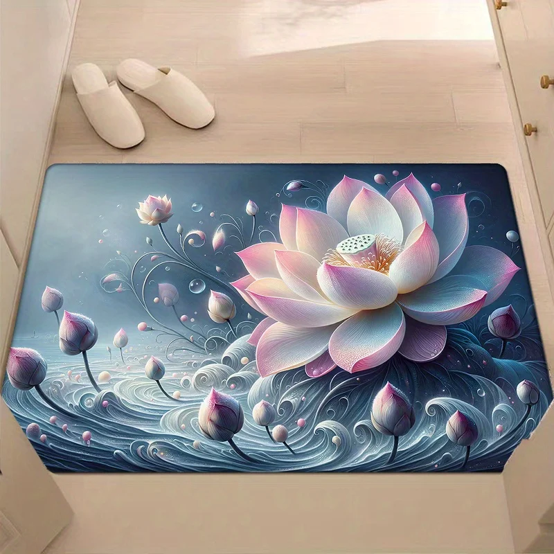 

1pc Lotus flower print floor mat, polyester fabric, machine washable, suitable for living room and bedroom decoration
