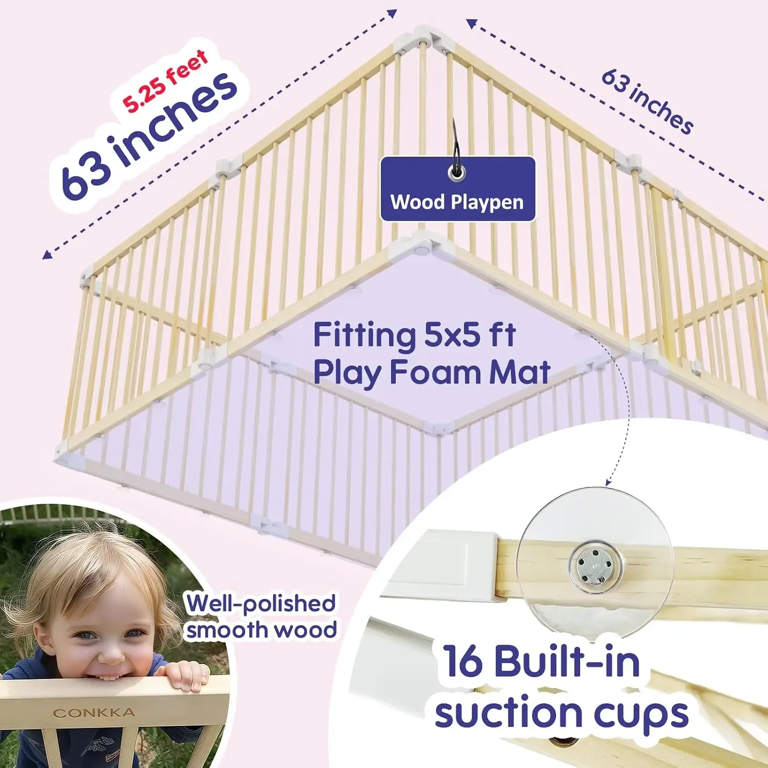 Foldable Wooden Playpen Play Yard for Babies 3-18 Months-5.3x5.3 ft | 25