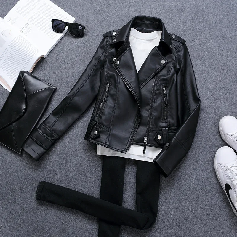 Korean Version of Slim PU Leather Jacket Women's 2023 Spring / Autumn Winter New Motorcycle Leather Short Coat