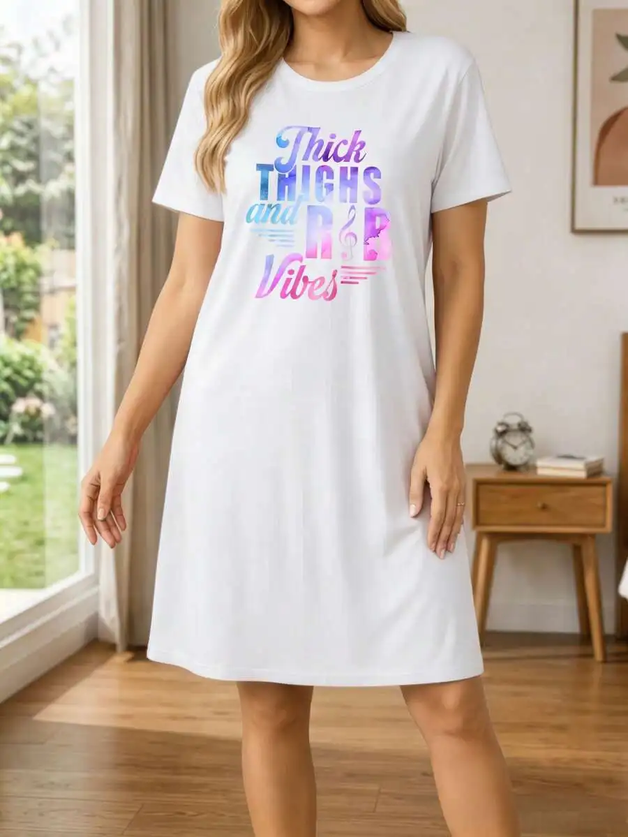 

White Thick Thighs And R&B Vibes Graphic Nightgown For Women Music Lover Sleep Dress Funny Lounge Sleepwear Plus Size