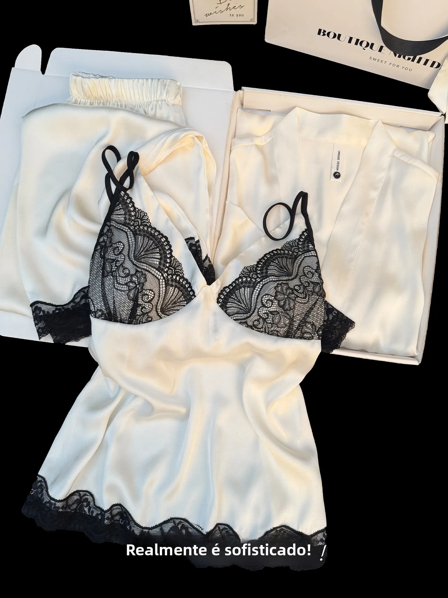 lace-milk-silk-nightgown-v-neck-three-piece-set-women's-summer-ice-silk-robe-sexy-sleepwear-long-pants-straight-leg-fit
