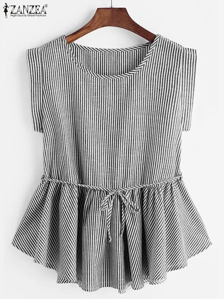 ZANZEA Women Striped Blouse 2024 Summer Peplum Tops Fashion Korean Short Sleeve Ruffle Blusas Casual Loose Bandage Holiday Shirt