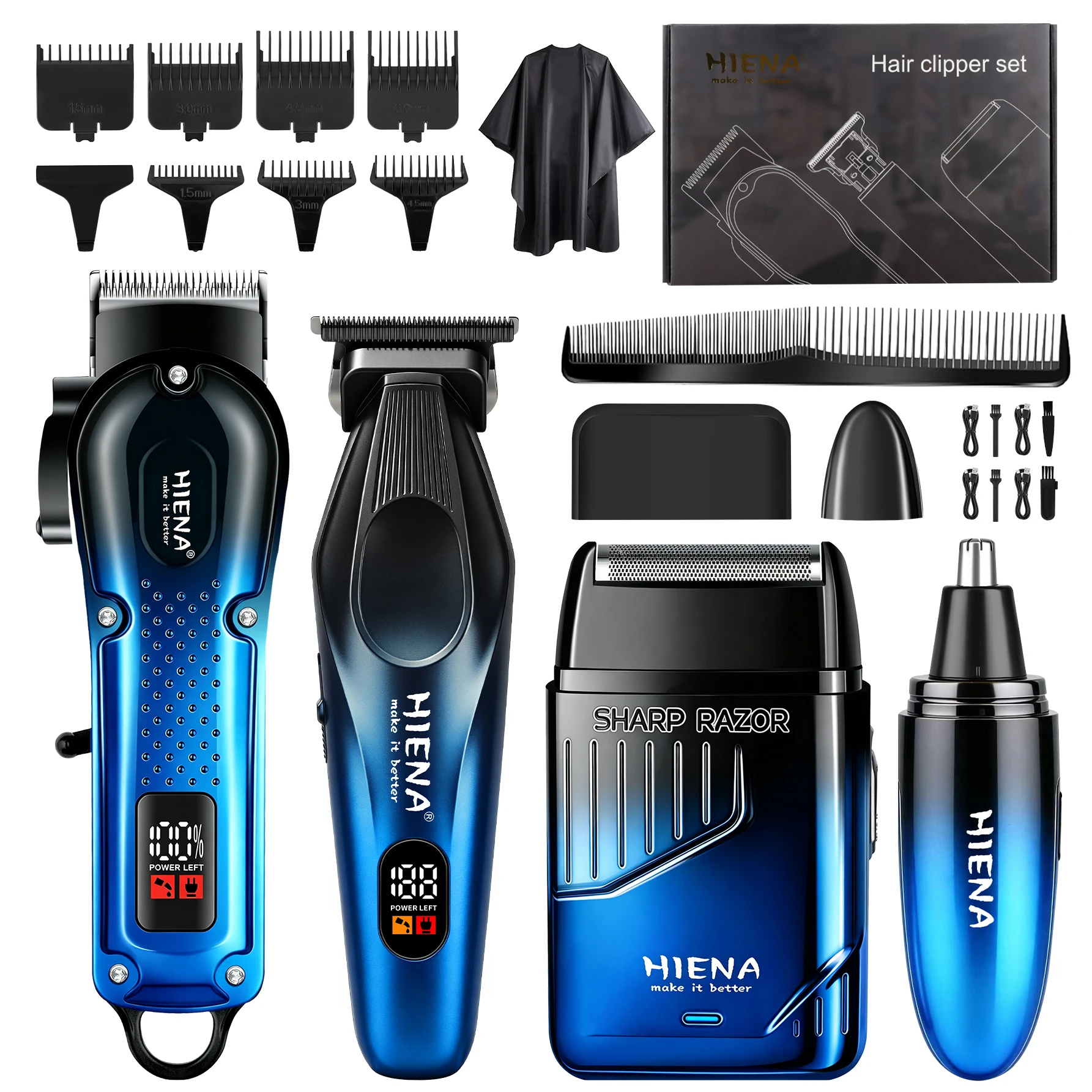 Gradient Blue HIENA 4IN1 Hair Clipper Set LCD Wireless T Trimmer Electric Foil Shaver Nose Trimmer USB Recharge Men Barber Tools